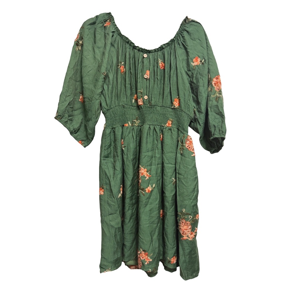 Anthropologie Kindred Embroidered Floral Boho Green Puff Sleeve Midi Dress Large